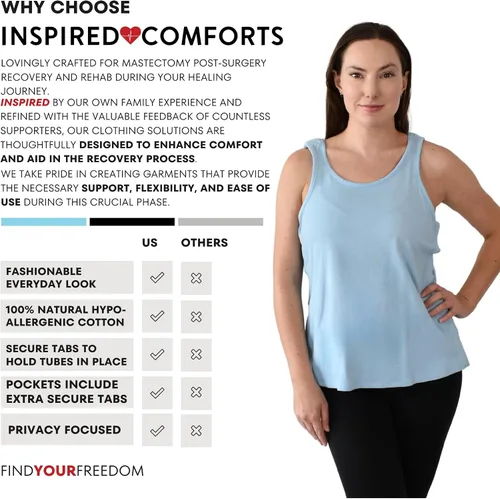 Vista 26 de Inspired Comforts Camiseta sin mangas de recuperación de mastectomía poscirugía con bolsillo de drenaje y acceso a presión