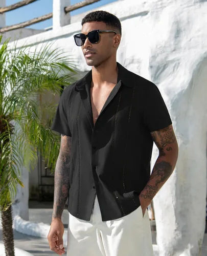 Vista 2 de Camisa de manga corta de lino para hombre de DEMEANOR, camisa guayabera cubana con botones, camisa casual de verano para la playa, la vacación