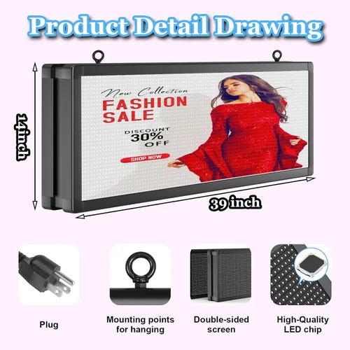 Vista 7 de P10 Señales LED programables a todo color para exteriores de 39 x 14 pulgadas con WIFI, pantalla LED de desplazamiento programable, textos e