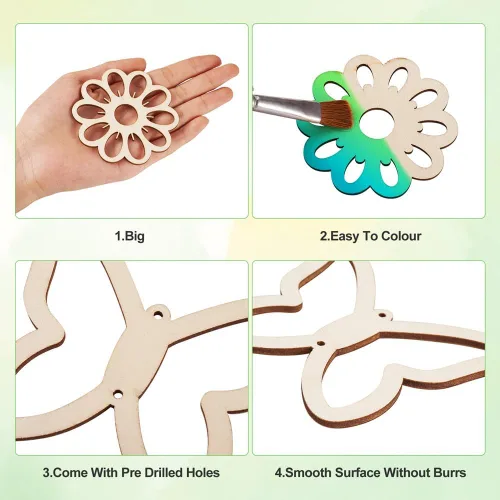 Vista 5 de Elecrelive - 48 piezas de madera cortadas con láser, grandes recortes de flores de madera sin terminar, piezas de madera huecas para pintura
