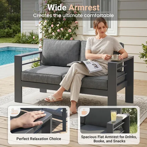 Vista 4 de Solaste Sofá de aluminio para patio con mesa auxiliar, juego de 3 muebles de patio con cojines, sofá de exterior para todo tipo de clima