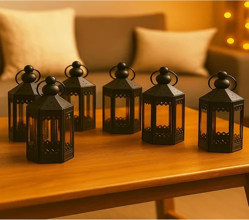 Vista 9 de Vela Lanterns - Portavelas de té, mini centros de mesa, color negro Halloween & Wedding Decor, Decorative Indoor Moroccan Metal Glass Hanging