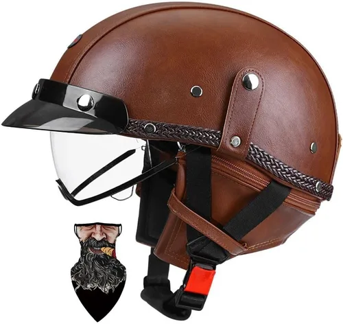 Vista 13 de Casco Moto Retro Jet Vintage DOT Homologado para adultos, hombres y mujeres, forro transpirable desmontable, Visera Retráctil PC y hebilla rápida