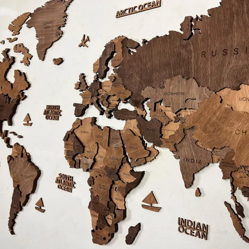 Vista 2 de World Map, Wood Map, Wall Art Decor, Wooden World Map, 3D World Map, Large Map, DarK Brown Wood Map, 3D Wood World Map, Housewarming Gift