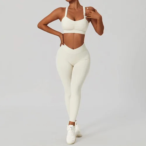 Vista 3 de ABOCIW Conjuntos de entrenamiento para mujer, 2 piezas, cintura cruzada, leggings de cintura alta, tirantes deportivos, para ejercicio, gimnasio