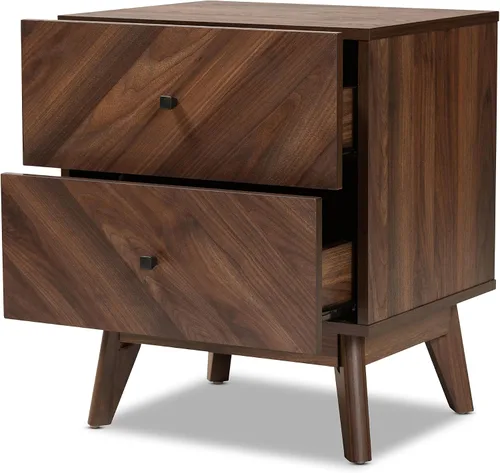 Vista 4 de Baxton Studio Hartman Mid-Century - Mesita de noche moderna de madera con acabado marrón nogal con 2 cajones