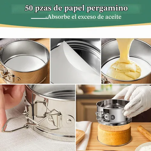 Vista 5 de Molde desmontable para tartas de 4 pulgadas, 4 piezas de moldes desmontables de acero inoxidable con 50 forros de papel, molde para cheesecake a
