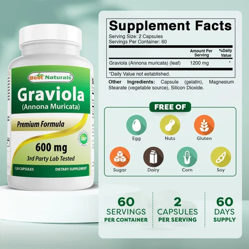 Vista 2 de Best Naturals Graviola Cápsulas (Annona Muricata), 600 mg, 120 unidades, también llamadas guanábana
