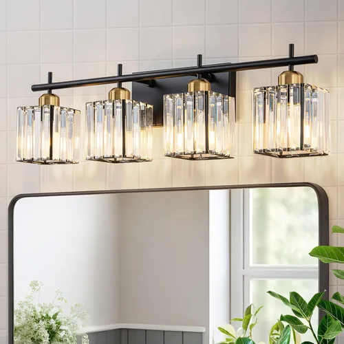 Vista 12 de Modernas luces de tocador de baño de cristal sobre el espejo, accesorios de iluminación de baño negro mate de 3 luces, accesorios de iluminación