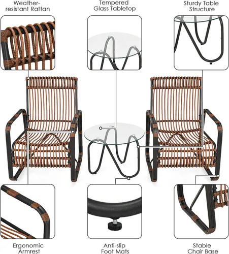 Vista 9 de COSTWAY Juego de muebles de ratán de patio 3PCS sofá conversacional mesa de centro jardín