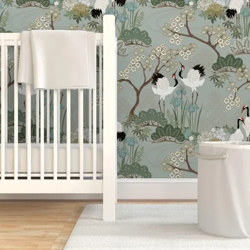 Vista 6 de Spoonflower Crane Chinoiserie - Papel tapiz extraíble para despegar y pegar Rollo de 24 x 72 pulgadas Jardines florales de pájaros y flores