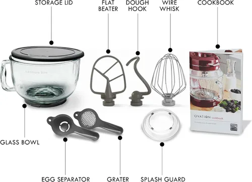 Vista 5 de Kenmore Ovation - Batidora eléctrica de pie de 500 W, cabezal inclinable de 10 velocidades, con cuenco de vidrio de 5 cuartos de galón, protector