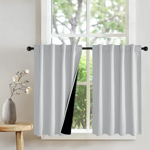 Vista 33 de PONY DANCE Cortinas opacas 100% cortas de 24 pulgadas de largo, medias cortinas con aislamiento térmico para ventanas pequeñas con parte trasera
