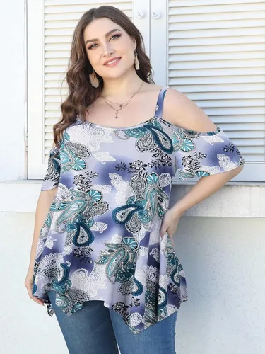 Vista 5 de LARACE Tops de hombro descubierto para mujer, ropa de verano con tirantes delgados, túnica de gran tamaño, blusa asimétrica de talla grande