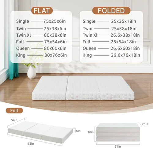 Vista 6 de Vipbear Colchón plegable, colchón triple de 6 pulgadas, tamaño matrimonial, colchón plegable de espuma viscoelástica con funda lavable, cama de piso