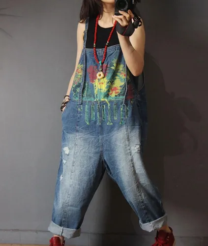 Vista 2 de YESNO P60 mujeres pantalones vaqueros recortados monos monos pintados a mano pulido desgastado casual holgado ajuste suelto, L