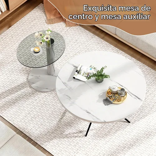 Vista 7 de Hooseng Juego de 2 mesas de café redondas, parte superior de mármol sintético y moderna tapa de vidrio transparente templado, perfectas para sala