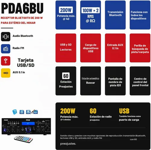 Vista 2 de Pyle PDA6BU - Radio Bluetooth USB AUX Amplificador estéreo con 4 Kicker KB6000B 6.5 pulgadas de rango completo de estantería impermeable + 1 cable