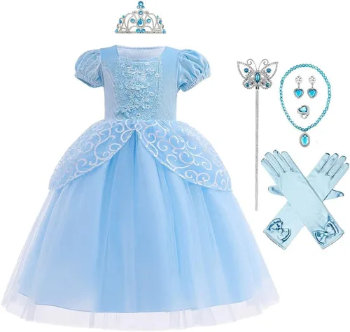 Vista 38 de Vestido de cumpleaños de princesa Cenicienta para niñas, disfraz de Halloween, concurso de Navidad, fiesta de baile con accesorios