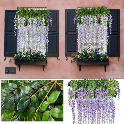 Vista 5 de Guirnalda de flores tipo glicinias artificiales de seda para colgar en el hogar, fiestas o bodas Morado claro
