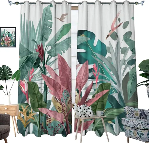 Vista 3 de Cortinas abstractas de hojas tropicales, acuarela tropical, hojas de palma, verano hawaiano, plátano, aislamiento térmico, cortinas completas