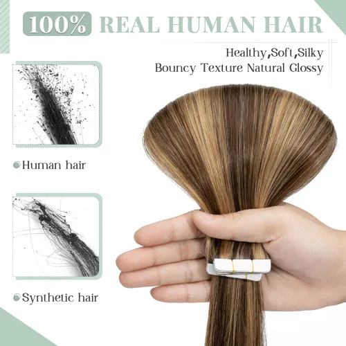 Vista 4 de Rich Choices Extensiones de cabello humano con cinta, 40 unidades, 2.48 onzas, 100% Remy, extensiones de cabello humano real, sin costuras, 12 Rubio