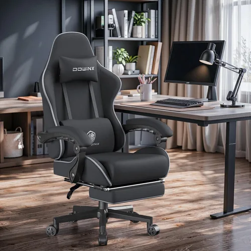 Vista 2 de Dowinx Silla de juegos grande y alta de tela con reposapiés, cojín de resorte para oficina en casa, respaldo alto, reclinable, altura ajustable