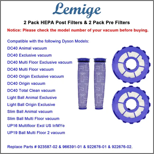 Vista 5 de Lemige Paquete de 2 filtros postmotor y 2 piezas de repuesto de filtros premotor para Dyson DC40, animal de bola ligera/delgada, múltiples pisos