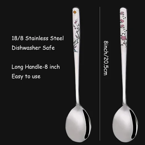 Vista 10 de Cucharas de sopa coreanas, cucharadas de acero inoxidable 18/8 con mango largo de 8 pulgadas, cucharadas de metal asiático, juego de 4 (flores)