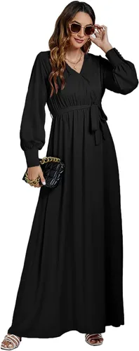 Vista 5 de LYANER Elegante vestido largo con cuello en V y cinturón de cintura y manga larga para mujer