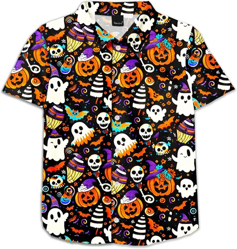 Vista 28 de Remimi Camisa unisex de Halloween para niños, camisetas hawaianas de manga corta con botones feos de 5 a 14 años Christmas Gift