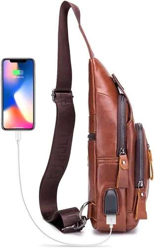 Vista 2 de Vintage Leather Sling Bag Backpack for Men Crossbody Shoulder Chest Day Pack Backpacks #10Marrón