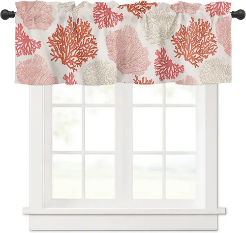 Vista 16 de Cenefa de amarre para ventanas, cortinas náuticas costeras de coral, cenefas con bolsillo para barra, cortinas de ventana con temática de playa