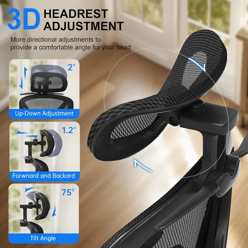 Vista 5 de Freepub Silla de oficina ergonómica de malla, silla de escritorio para el hogar, cómoda con soporte lumbar ajustable, reposacabezas y reposabrazos