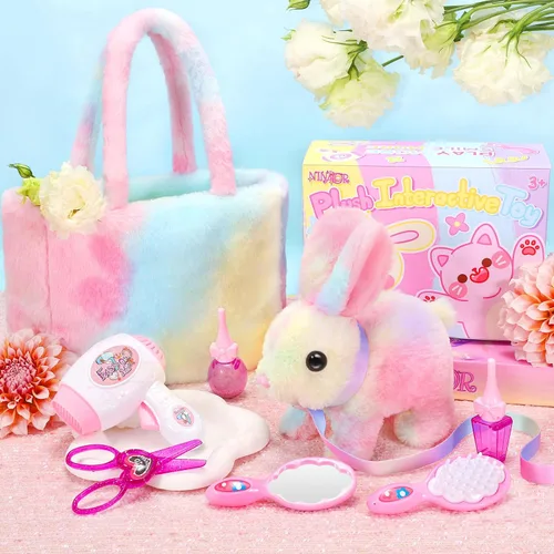 Vista 2 de NINAOR Juguetes interactivos de peluche para niños con bolsas de mano, conejo robot de peluche con correa que salta y orejas que se mueven, juguetes