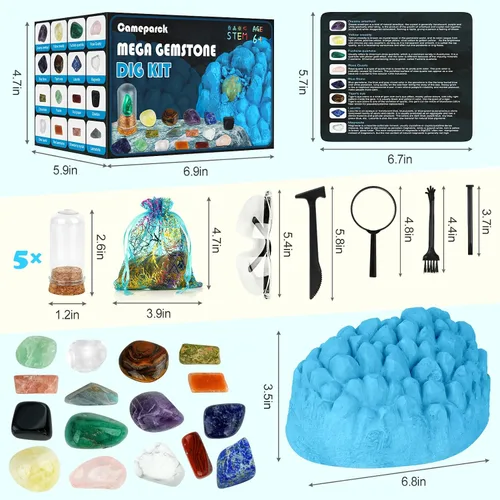 Vista 5 de Kit de excavación de piedras preciosas (forma única), gran kit de ciencia STEM para niños, excava tus propias 16 piedras preciosas reales, juguetes