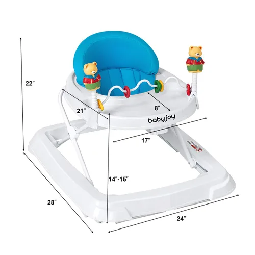 Vista 7 de BABY JOY Andador de bebé plegable, andador de actividades con altura ajustable, bandeja grande y juguetes removibles, andador de bebé con ruedas Azul