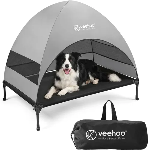 Vista 14 de Veehoo Cama para perros al aire libre con toldo, cama elevada de enfriamiento para perros con sombra extraíble, pies antideslizantes, cama elevada