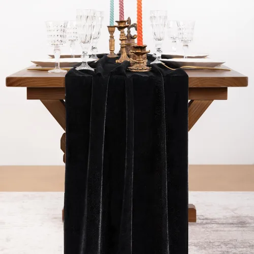 Vista 2 de Socomi Camino de mesa de terciopelo negro para el día de San Valentín, decoración de 20 x 120 pulgadas, tela de 10 pies, camino de boda de Acción