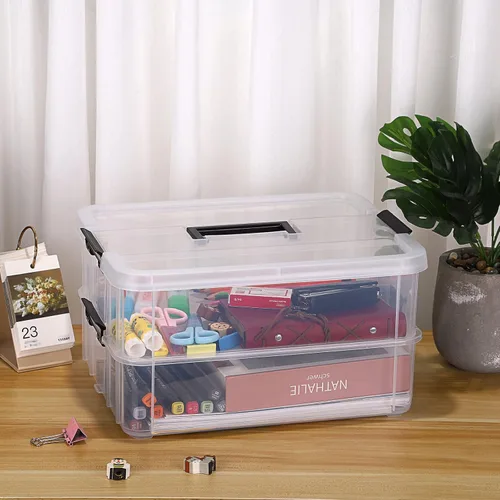 Vista 5 de BTSKY Caja de almacenamiento portátil multiusos de 2 capas, organizador de almacenamiento portátil multiusos para organizar papelería, costura, Negro