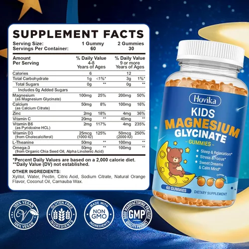 Vista 2 de Gomitas de magnesio para niños, con L-teanina, omega-3, vitamina B6, D3, zinc, gomitas de glicinato de magnesio para niños, para dormir, relajación