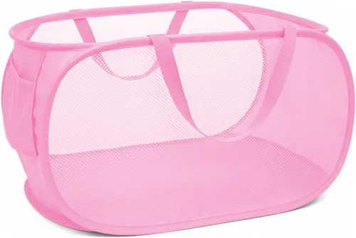 Vista 13 de Cesta de Ropa Emergente, Cestas Horizontales Plegables con Asas y Bolsillo Lateral, Malla Resistente Plegable para Cuarto de Lavado, Baño
