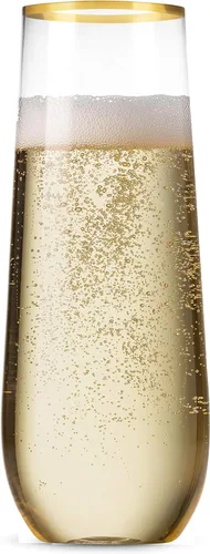 Vista 3 de Munfix Paquete de 48 copas de champán de plástico sin tallo, desechables, 9 onzas, borde dorado, vasos de plástico transparente para tostar