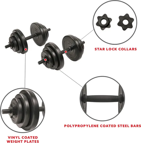 Vista 3 de Sunny Health & Fitness Juego de mancuernas de vinilo para ejercicio de 40 libras, pesas de mano para entrenamiento de fuerza, pérdida de peso, banco