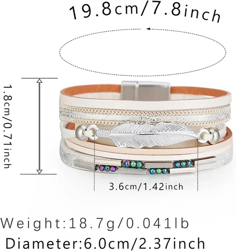 Vista 3 de Pulsera de cuero con cierre magnético de estilo bohemio con aros planos (D, talla única)