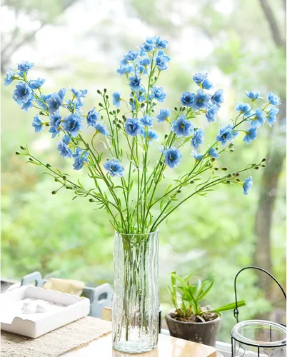 Vista 2 de FiveSeasonStuff Real Touch Delphinium Flores artificiales, arreglos de flores silvestres, 6 tallos (azul claro (6 tallos de aerosol)