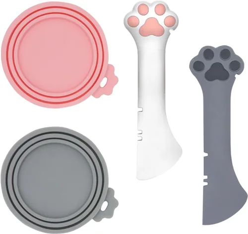 Vista 10 de SJANE Cucharas y tapas de latas de comida para gatos 4 piezas Abridor colorido multifunción con forma de pata Fundas universales de silicona