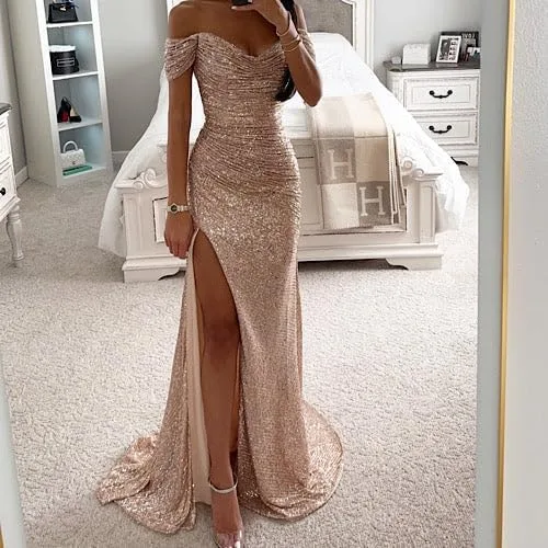 Vista 5 de GUKARLEED Vestidos de fiesta de lentejuelas para adolescentes brillantes con hombros descubiertos, vestido de baile de satén sin espalda