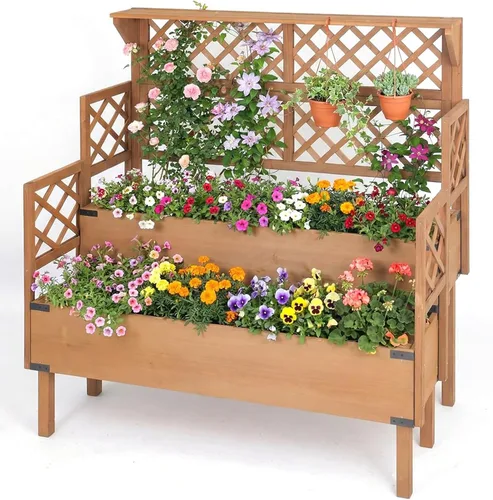 Vista 9 de Cama de jardín elevada para exteriores, jardineras de madera con patas forro protector y agujeros de drenaje, macizos de flores elevados para jardín