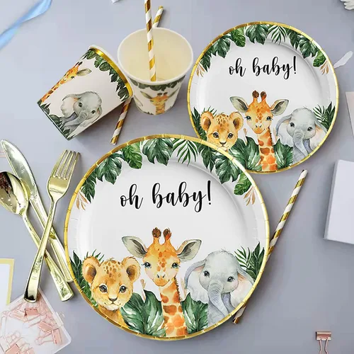 Vista 6 de Platos para baby shower de safari, decoración dorada de animales de la selva para 24 invitados, suministros temáticos de safari en la selva, platos